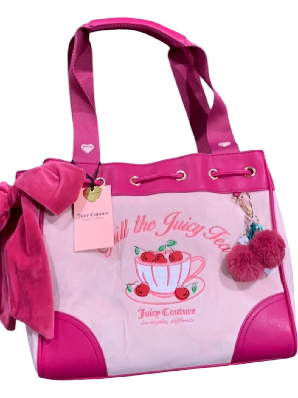 NWT Juicy Couture Spill the Juicy Tea Pink Velour Tote Bag Cherry $108